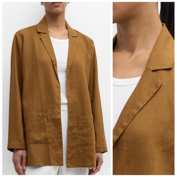 EILEEN FISHER L NEW Organic Linen Open Front Long Blazer in Bronze Office Casual - Picture 7 of 12
